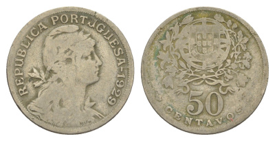 Португалия 50 сентаво 1929 голова Свободы вправо KM 577 никель латунь 4388-131
