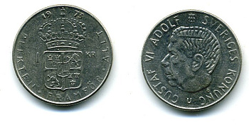 Швеция 1 крона 1973 Густав VI Адольф (1950-1973) KM 826а медь плакированная медно-никелем 29-554