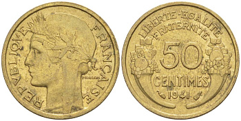 ФРАНЦИЯ 50 САНТИМОВ 1941 ТИП MORLON KM 894.1, LE FRANC 192.18 алюминиевая бронза 44-534