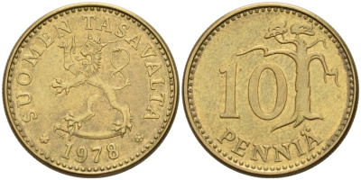 ФИНЛЯНДИЯ 10 ПЕННИ 1978 K KM 46 алюминиевая бронза 192-1043