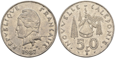 Французская Новая Каледония 50 франков 1987 хижина среди сосен и пальм, (IEOM) KM 13, Schoen 15, Lec 121 никель 4120-725