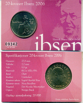 Норвегия 20 крон 2006 100 лет со дня смерти Генрика Ибсена, в оригинальном блистере KM 479 никель латунь BU 4-5-2-04