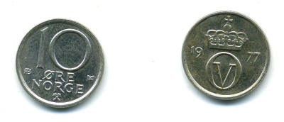 Норвегия 10 эре 1977 Улаф V (1957-1991) KM 416 медно-никель 4364-942