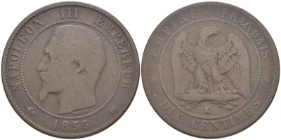 ФРАНЦИЯ 10 САНТИМОВ 1855 K, НАПОЛЕОН III (1852-1870) KM 771.5, L;E FRANC 133.27 бронза 114-636