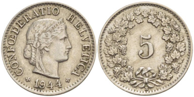 Швейцария 5 раппенов 1944 В KM 26 медно-никель 4532-941
