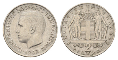 Греция 2 драхмы 1967 Константин II (1966-1973) KM 90 медно-никель    4660-722