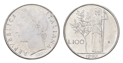 Италия 100 лир 1992 R, Афина в доспехах KM 96.2 нержавеющая сталь 4705-163