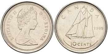 Канада 10 центов 1989 Елизавета II, парусник KM 77.2 никель    4147-366