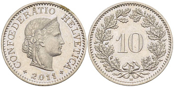 ШВЕЙЦАРИЯ 10 РАППЕНОВ 2011 В KM 27 медно-никель 4528-632