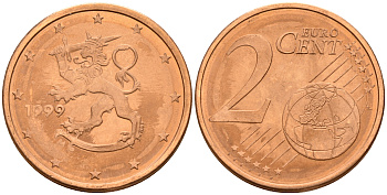 Финляндия 2 евроцента 1999  KM 99 сталь плакированная медью  UNC  4160-328