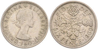 Великобритания 6 пенсов 1960 Елизавета II (1952-2022) KM 903, Spink 4149 медно-никель 192-235