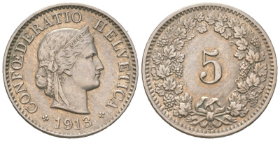 Швейцария 5 раппенов 1913 B KM 26 медно-никель 4160-545