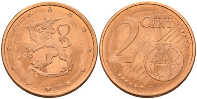 Финляндия 2 евроцента 1999  KM 99 сталь плакированная медью  UNC  4160-328