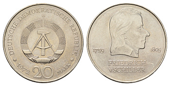 ГДР 20 марок 1972 А, Фридрих Шиллер (1759-1805) KM 40 медно-никель 4634-743
