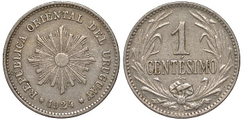 Уругвай 1 сентесимо 1924 KM 19 медно-никель 187-859