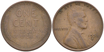 США 1 ЦЕНТ 1953 D ЛИНКОЛЬН KM A132 медь цинк 187-1136