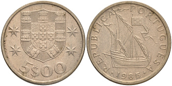 ПОРТУГАЛИЯ 5 ЭСКУДО 1985 ПАРУСНИК KM 591 медно-никель 4561-754