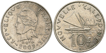 Французская Новая Каледония 10 франков 2009 рыбачья парусная лодка, (IEOM) KM 11a, Schoen 13a, Lec 99k медно-никель 60-1347