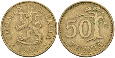 ФИНЛЯНДИЯ 50 ПЕННИ 1968 S KM 48 алюминиевая бронза 4563-421
