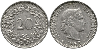 ШВЕЙЦАРИЯ 20 РАППЕНОВ 1958 В KM 29а медно-никель 4539-557