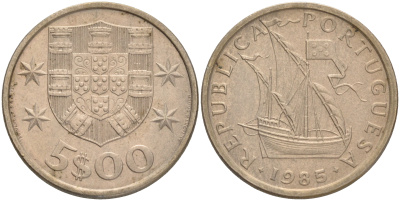 Португалия 5 эскудо 1985 парусник KM 591 медно-никель 4561-754