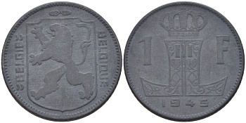 БЕЛЬГИЯ 1 ФРАНК 1945 BELGIE-BELGIQUE, ГЕРМАНСКАЯ ОККУПАЦИЯ KM 128 цинк 31-1243