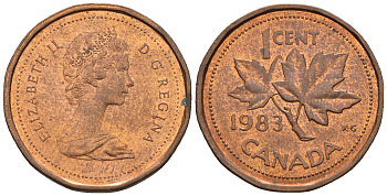 Канада 1 цент 1983 Елизавета II (1952-2022), кленовый лист KM 132 бронза 4609-212
