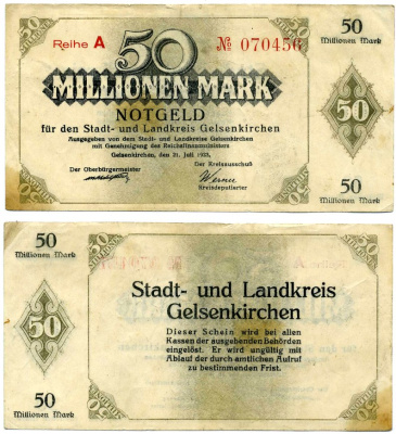 ГЕЛЬЗЕНКИРХЕН 50000000 марок (50 миллионов) 1923 21 июля 1923, нотгельд, земля Северный Рейн-Вестфалия, REIHE A Keller 1710d бумага 2193-32-1-1