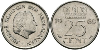 Нидерланды 25 центов 1969 Юлиана (1948-1980) KM 183 никель 96-214