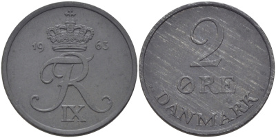 ДАНИЯ 2 ЭРЕ 1963 C; S, ФРЕДЕРИК IX (1947-1972) KM 840.2 цинк UNC 28-351