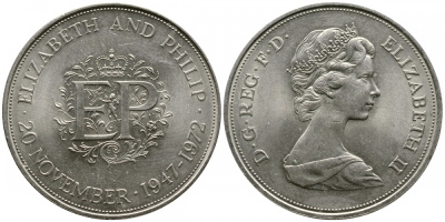 Великобритания 25 пенсов 1972 25 лет со дня свадьбы Елизавтеы II И Филлипа (1947-1972, серебрянная свадьба), Елизавета II (1952-2022) KM 917, Spink 4226 медно-никель UNC 4527-833