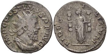 Римская Империя (императоры в Галлии) антониниан 260 - 269 Постум. IMP C POSTVMVS P F AVG / FIDES MILITVM, Фидея, персонификация Верности, с боевыми штандартами, Колония Агриппины, Very fine RIC 59 биллон 1073-12-63