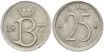Бельгия 25 сантимов 1972 Belgie KM 154.1 медно-никель 4152-421