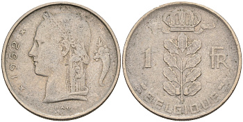 БЕЛЬГИЯ 1 ФРАНК 1952 BELGIQUE KM 142.1 медно-никель 4563-1212