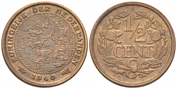 НИДЕРЛАНДЫ 1/2 ЦЕНТА 1940 ВИЛЬГЕЛЬМИНА (1890-1948) KM 138 бронза 214-737