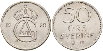Швеция 50 эре 1968 U, Густав VI Адольф (1950-1973) KM 837 медно-никель UNC 4543-114