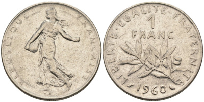 ФРАНЦИЯ 1 ФРАНК 1960 СЕЯТЕЛЬ КМ 925.1, LE FRANC 226.4 никель 4573-226
