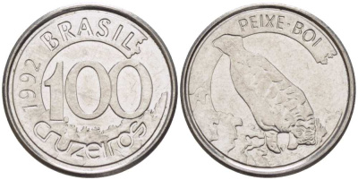 БРАЗИЛИЯ 100 КРУЗЕЙРО 1992 РЕФОРМА 1990-1993, ЛАМАНТИН KM 623 нержавеющая сталь 4387-332