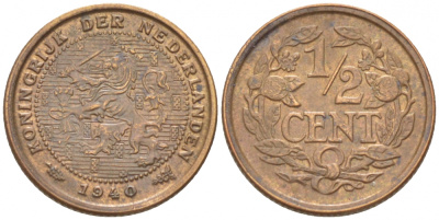 НИДЕРЛАНДЫ 1/2 ЦЕНТА 1940 ВИЛЬГЕЛЬМИНА (1890-1948) KM 138 бронза 214-737