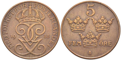 Швеция 5 эре 1935 Густав V (1907-1950) KM 779.2 бронза 115-843