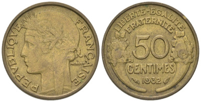 Франция 50 сантимов 1932 KM 894.1, Le Franc 192.15 алюминиевая бронза 4564-1048