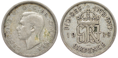 Великобритания 6 пенсов 1939 Георг VI (1936-1952) KM 852, Spink 4084 серебро 4178-267
