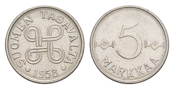 Финляндия 5 марок 1958 KM 37a железо плакированное никелем 4647-446