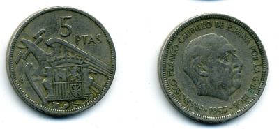 ИСПАНИЯ 5 ПЕСЕТ 1957 (62) ФРАНСИСКО ФРАНКО ДИКТАТОР ИСПАНИИ (1939-1975) KM 786 медно-никель 56-913