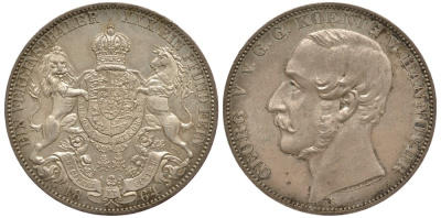 Брауншвейг-Каленберг-Ганновер 1 талер 1864 B, Георг V (1851-1866) KM 230, AKS 144, Dav. 682, Kahnt 239, Thun 174 серебро 00-810-18