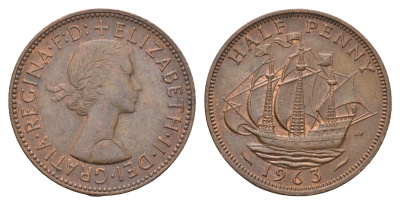 Великобритания 1/2 пенни 1963 Елизавета II (1952-2022) KM 896, Spink 4158 бронза 210-613