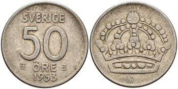 Швеция 50 эре 1953 TS, Густав VI Адольф (1950-1973) KM 825 серебро 4148-923