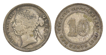 Стрейтс-Сетлментс (Стрейтс Сетлментс) 10 центов 1901 Виктория (1837-1901) KM 11 серебро 4655-654