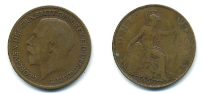 Великобритания 1 пенни 1920 Георг V (1910-1936) КМ 810, Spink 4051 бронза 4110-224