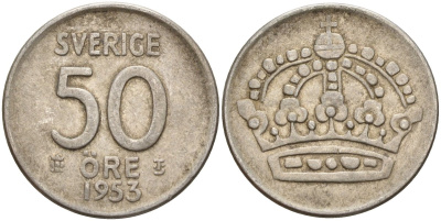 Швеция 50 эре 1953 TS, Густав VI Адольф (1950-1973) KM 825 серебро 4148-923